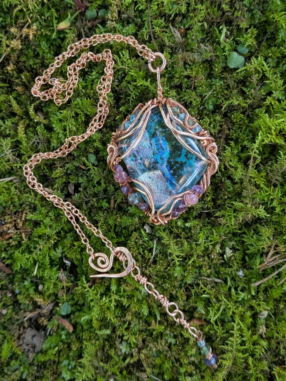 Mermaid Goddess Pendant Artisan Crafted Copper Wire Wrap Design On Copper Chain - Picture 4 of 16